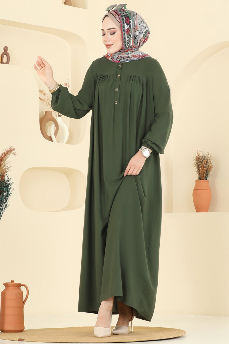 Viscose Dress with Elastic Cuffs - Khaki