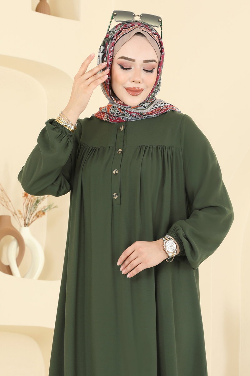 Viscose Dress with Elastic Cuffs - Khaki