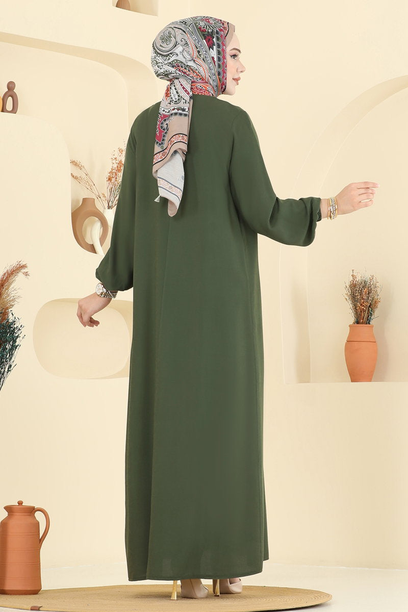 Viscose Dress with Elastic Cuffs - Khaki