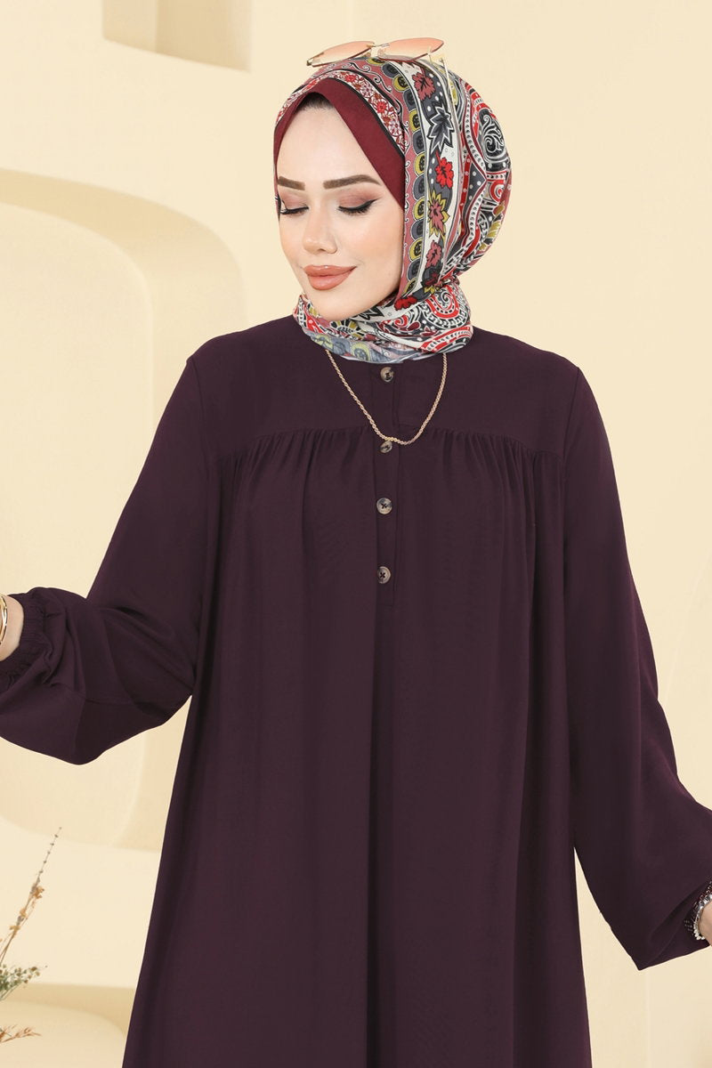 Viscose Dress with Elastic Cuffs - Dark Plum