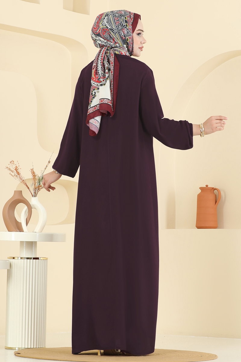Viscose Dress with Elastic Cuffs - Dark Plum
