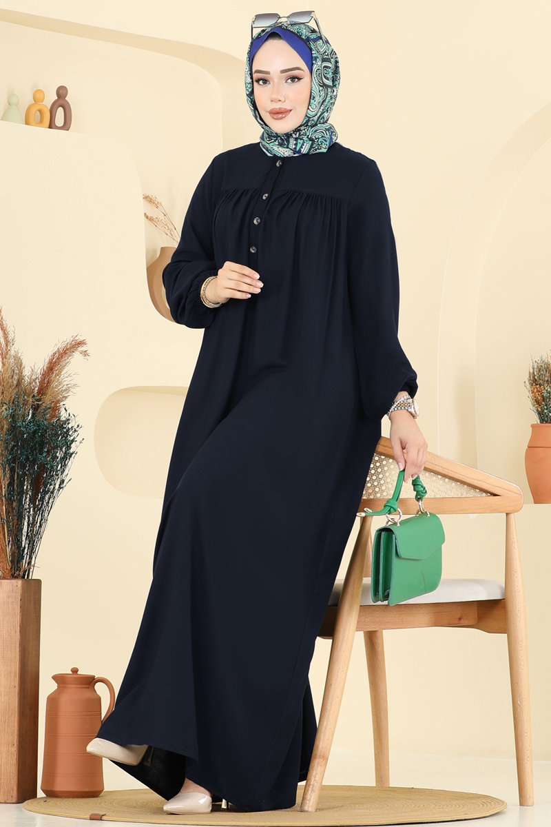 Viscose Dress with Elastic Cuffs - Navy