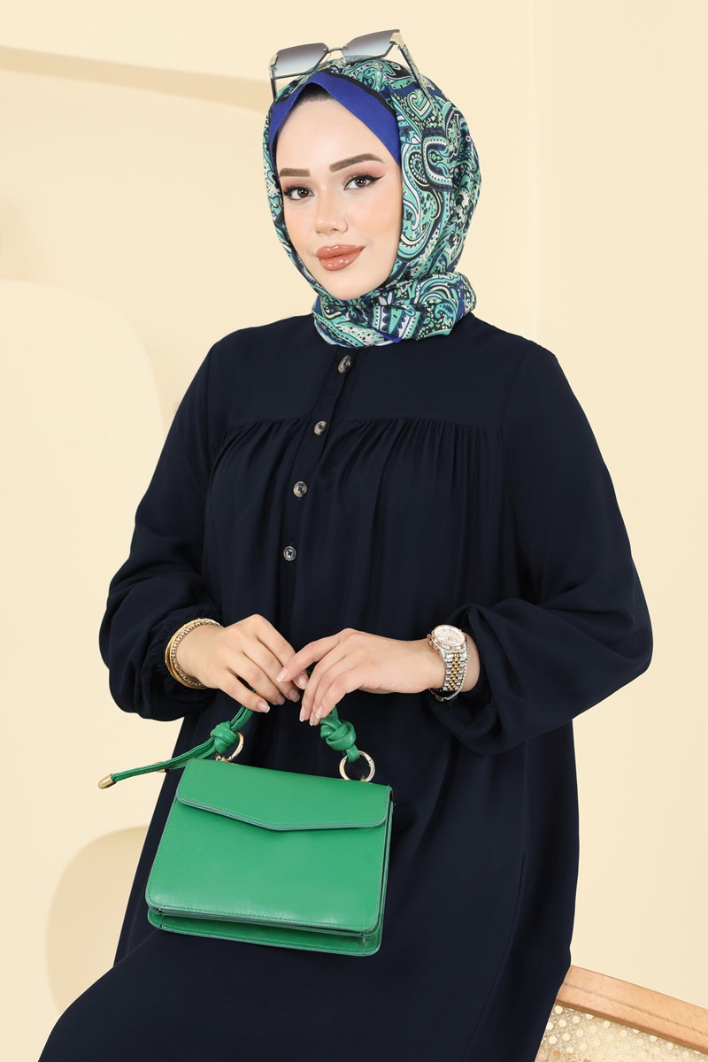 Viscose Dress with Elastic Cuffs - Navy