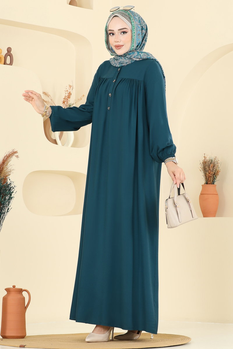 Viscose Dress with Elastic Cuffs - Teal