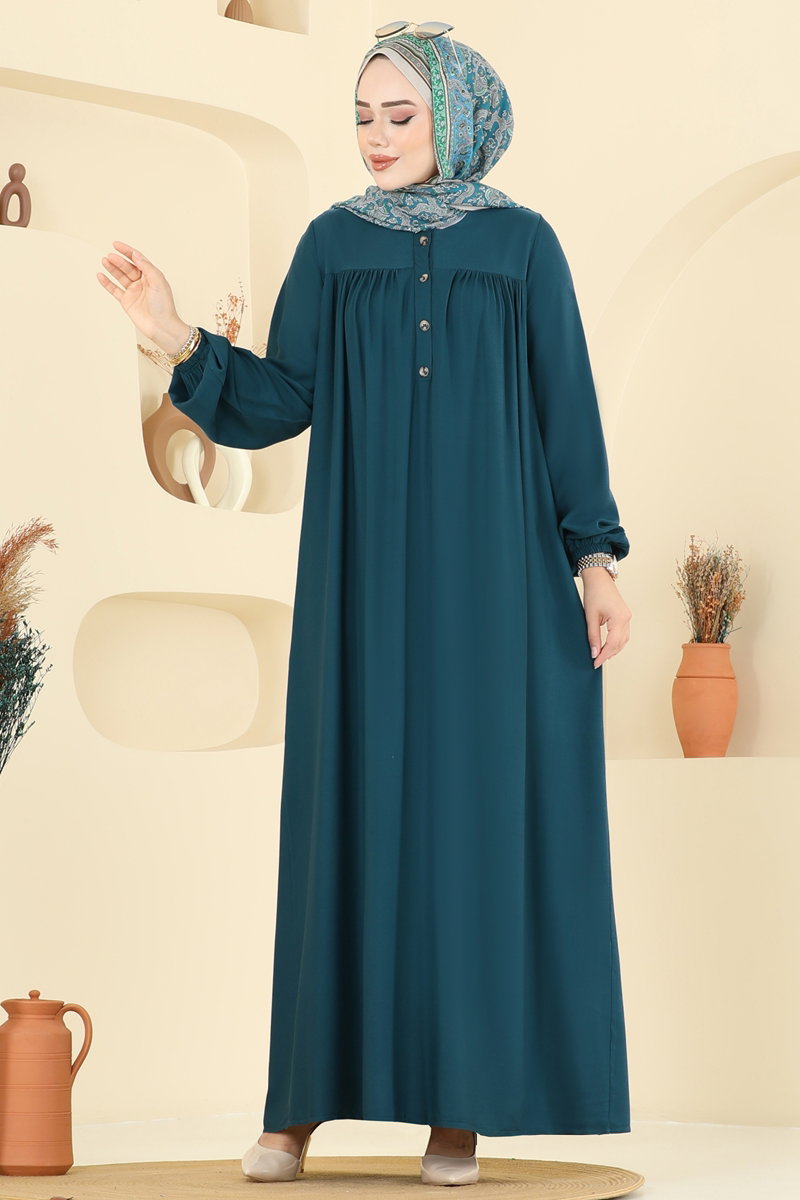 Viscose Dress with Elastic Cuffs - Teal