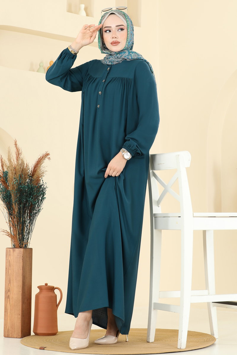 Viscose Dress with Elastic Cuffs - Teal
