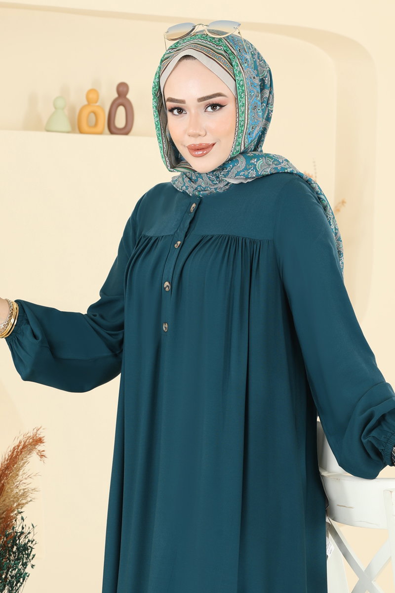 Viscose Dress with Elastic Cuffs - Teal