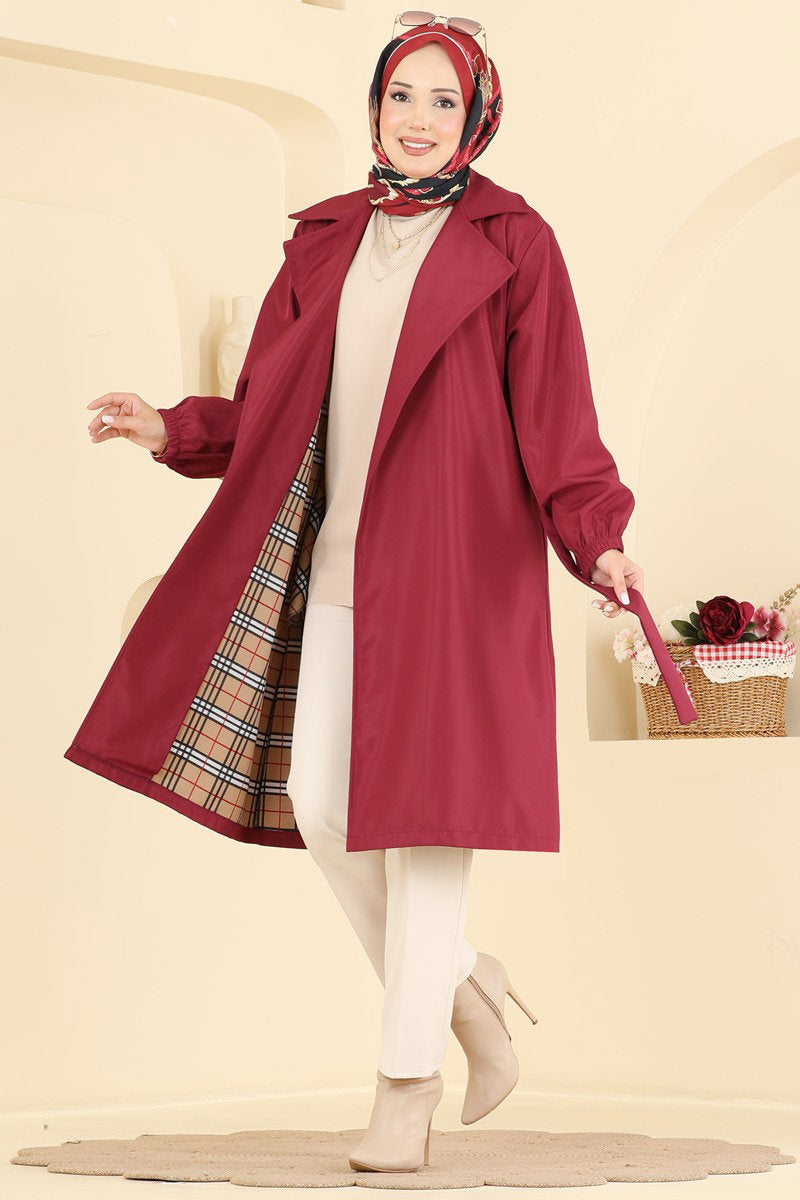 Bonded Trench Coat with Elastic Cuffs - Burgundy