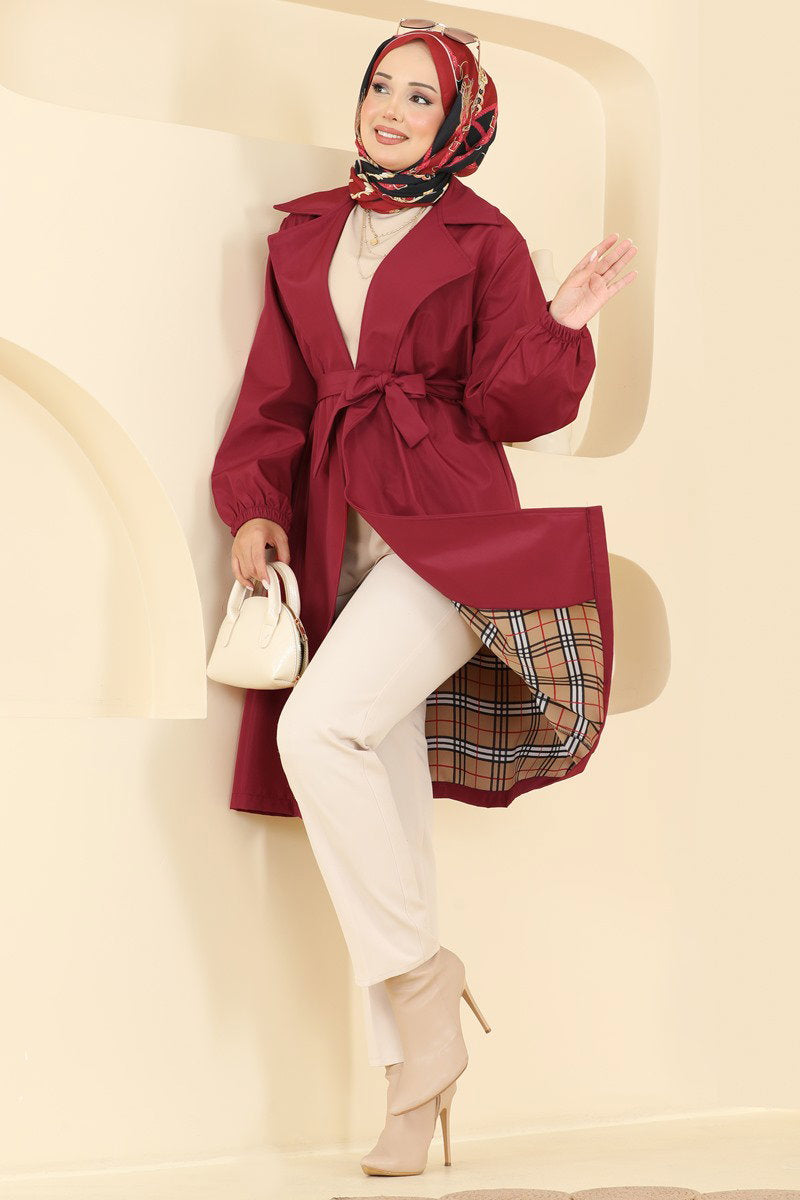 Bonded Trench Coat with Elastic Cuffs - Burgundy