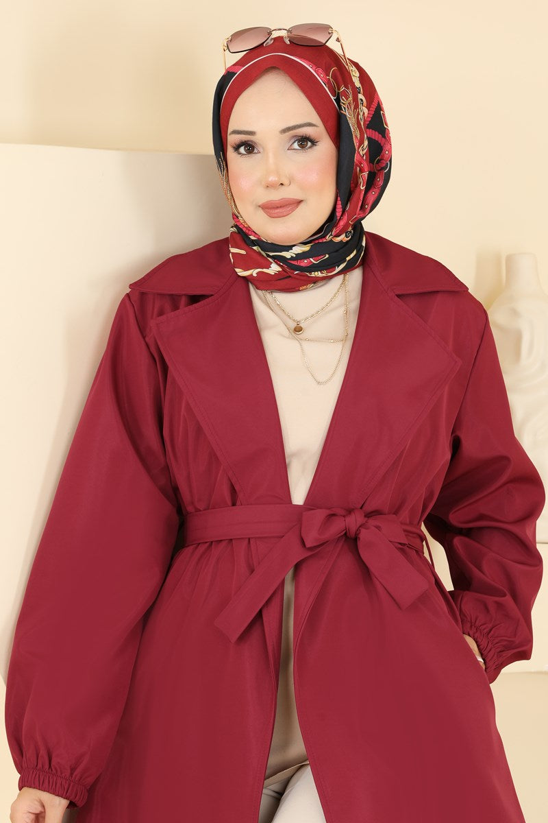 Bonded Trench Coat with Elastic Cuffs - Burgundy