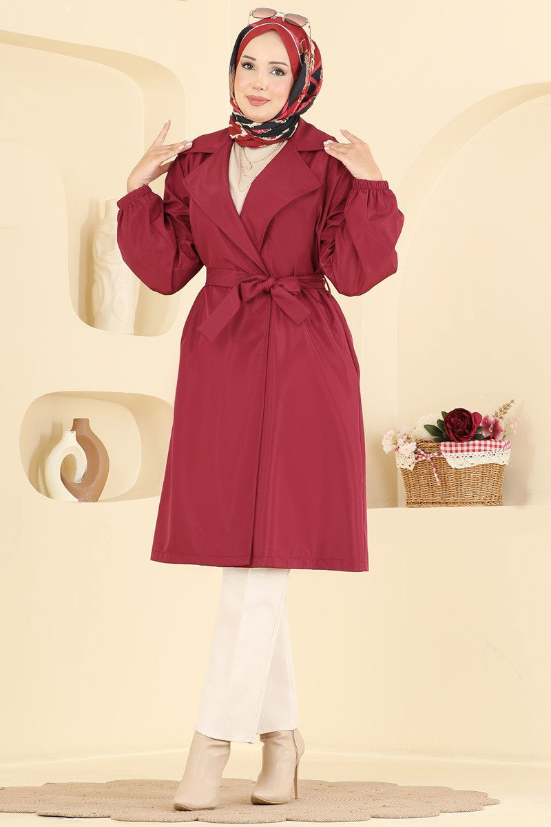 Bonded Trench Coat with Elastic Cuffs - Burgundy