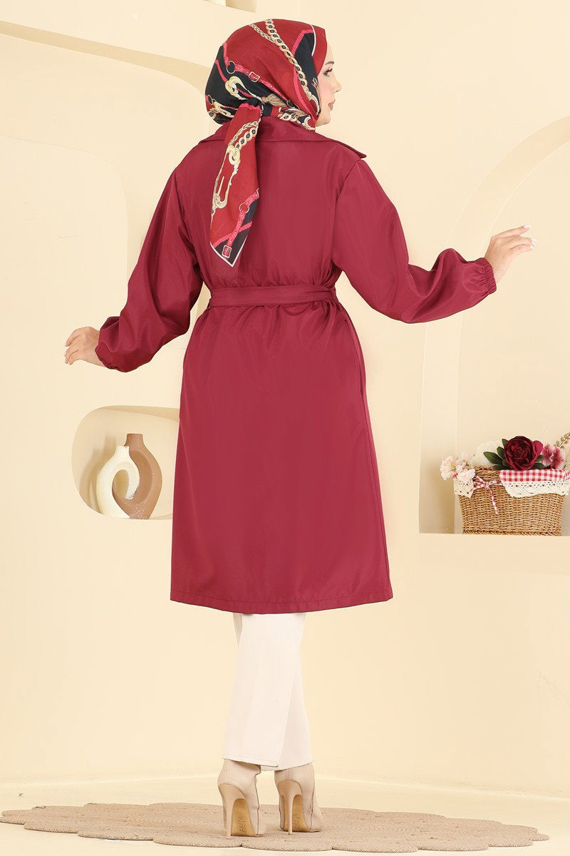 Bonded Trench Coat with Elastic Cuffs - Burgundy