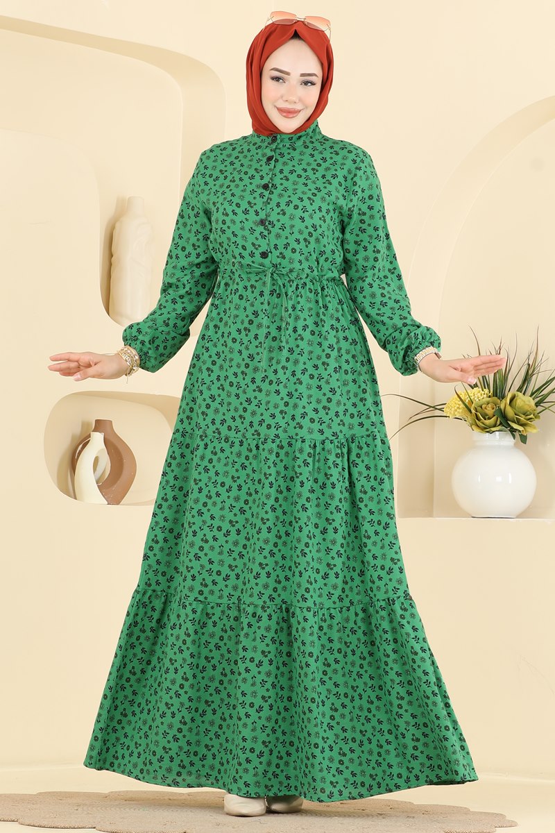 Floral Linen Dress with Elastic Cuffs - Kelly Green