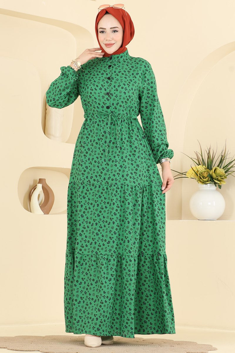 Floral Linen Dress with Elastic Cuffs - Kelly Green