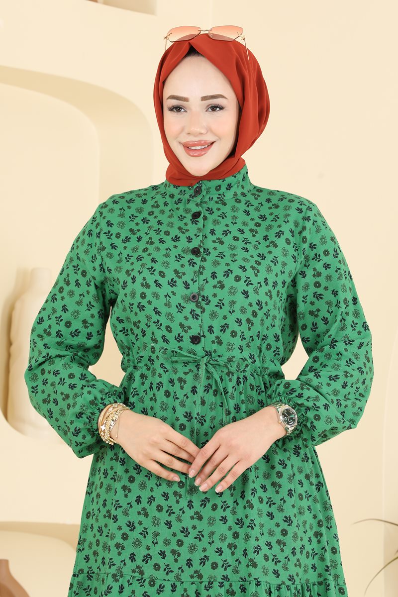 Floral Linen Dress with Elastic Cuffs - Kelly Green