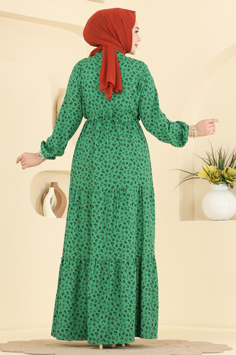Floral Linen Dress with Elastic Cuffs - Kelly Green