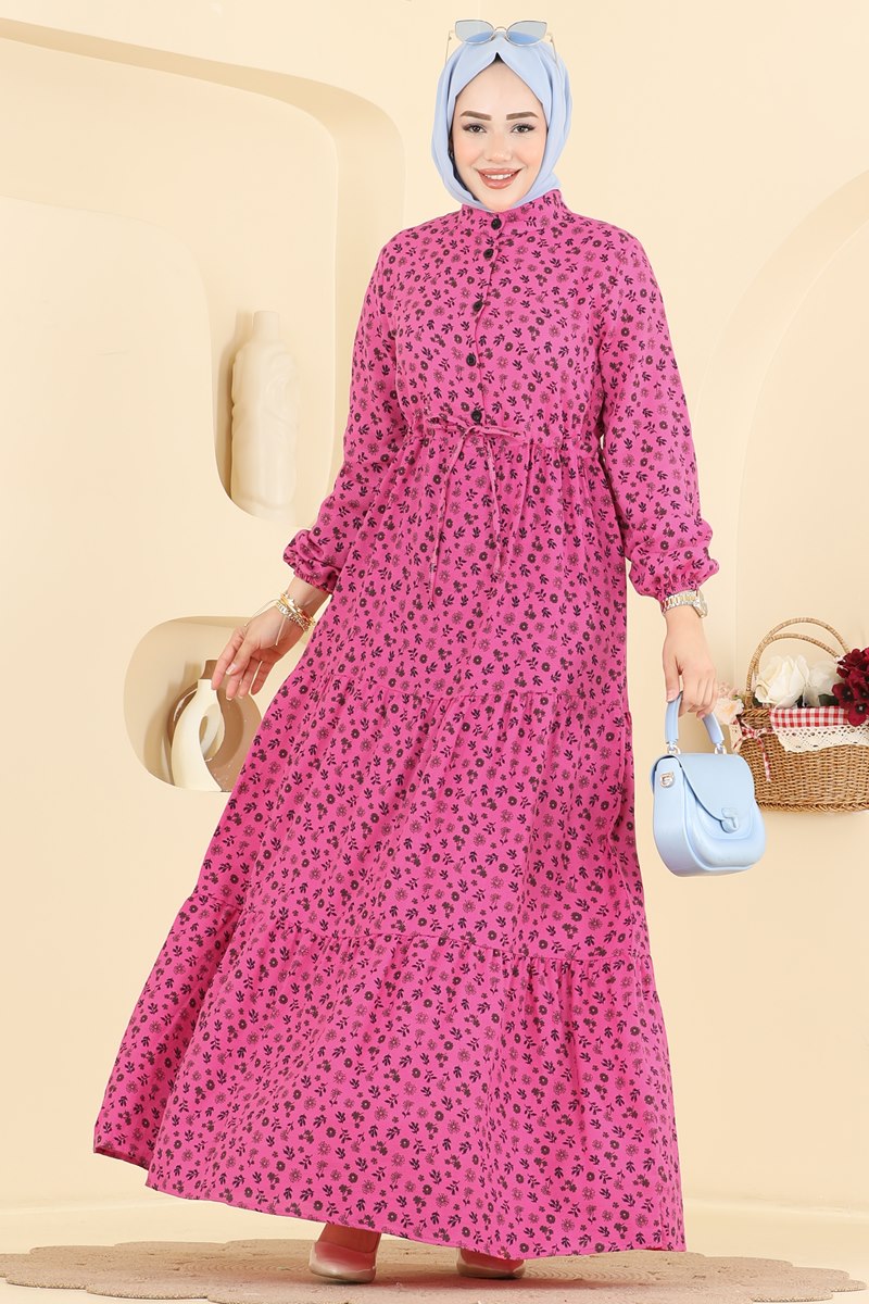 Floral Linen Dress with Elastic Cuffs - Pink