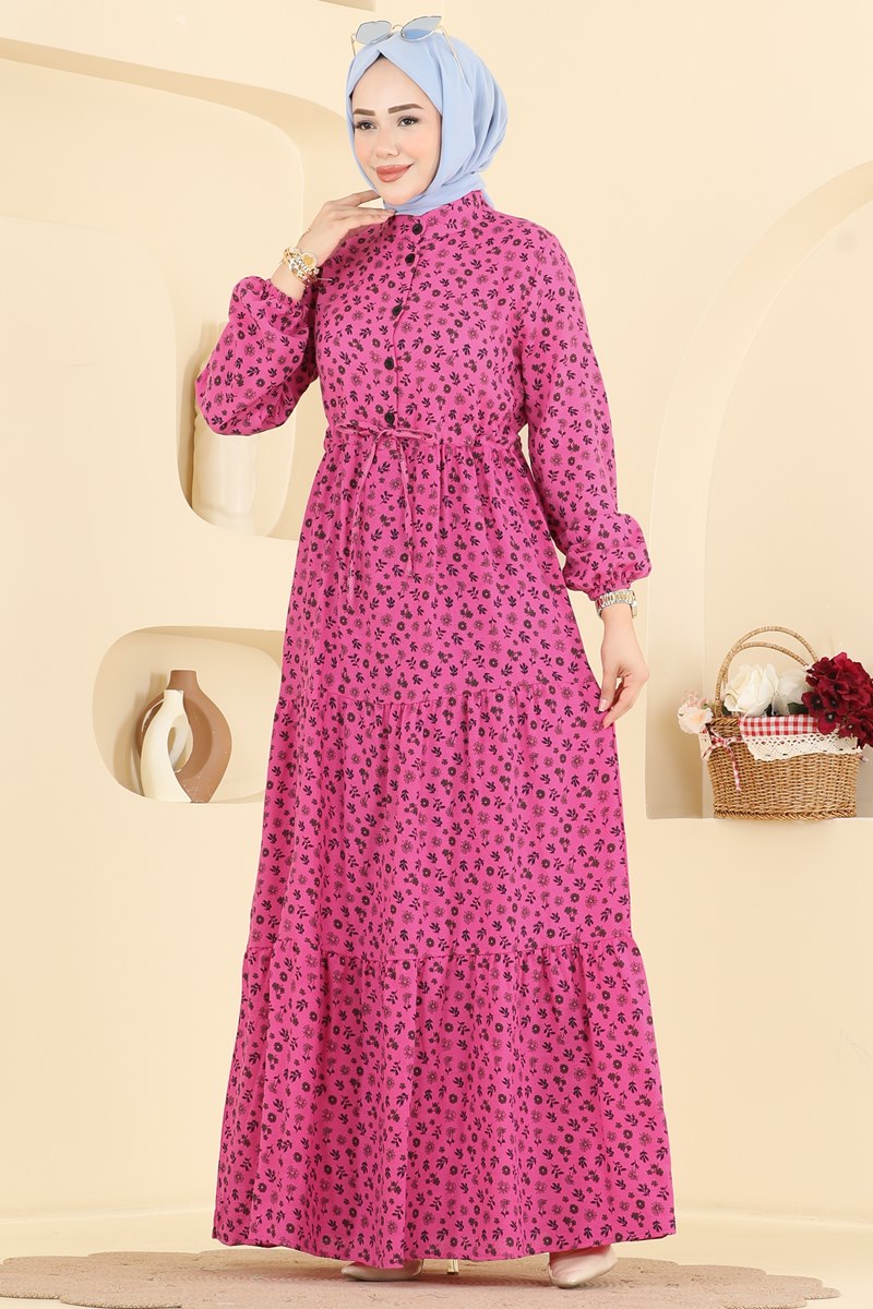 Floral Linen Dress with Elastic Cuffs - Pink