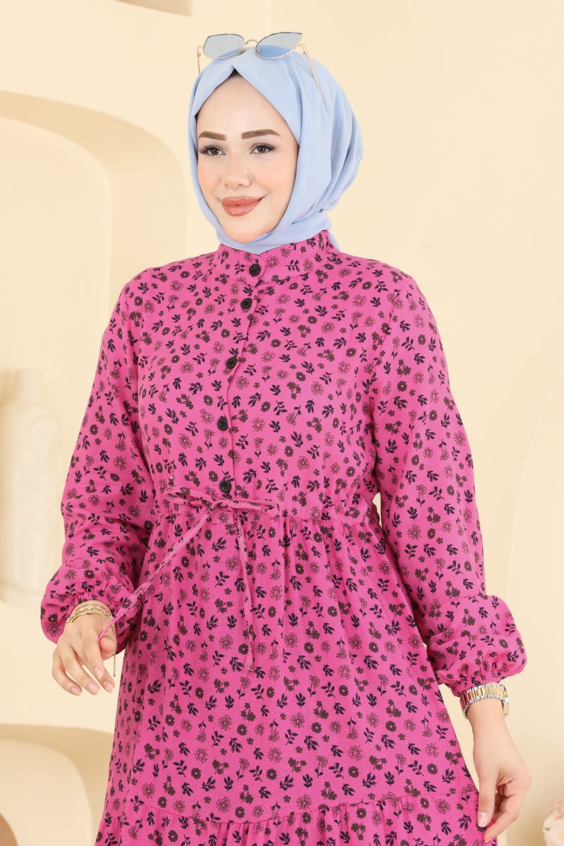 Floral Linen Dress with Elastic Cuffs - Pink