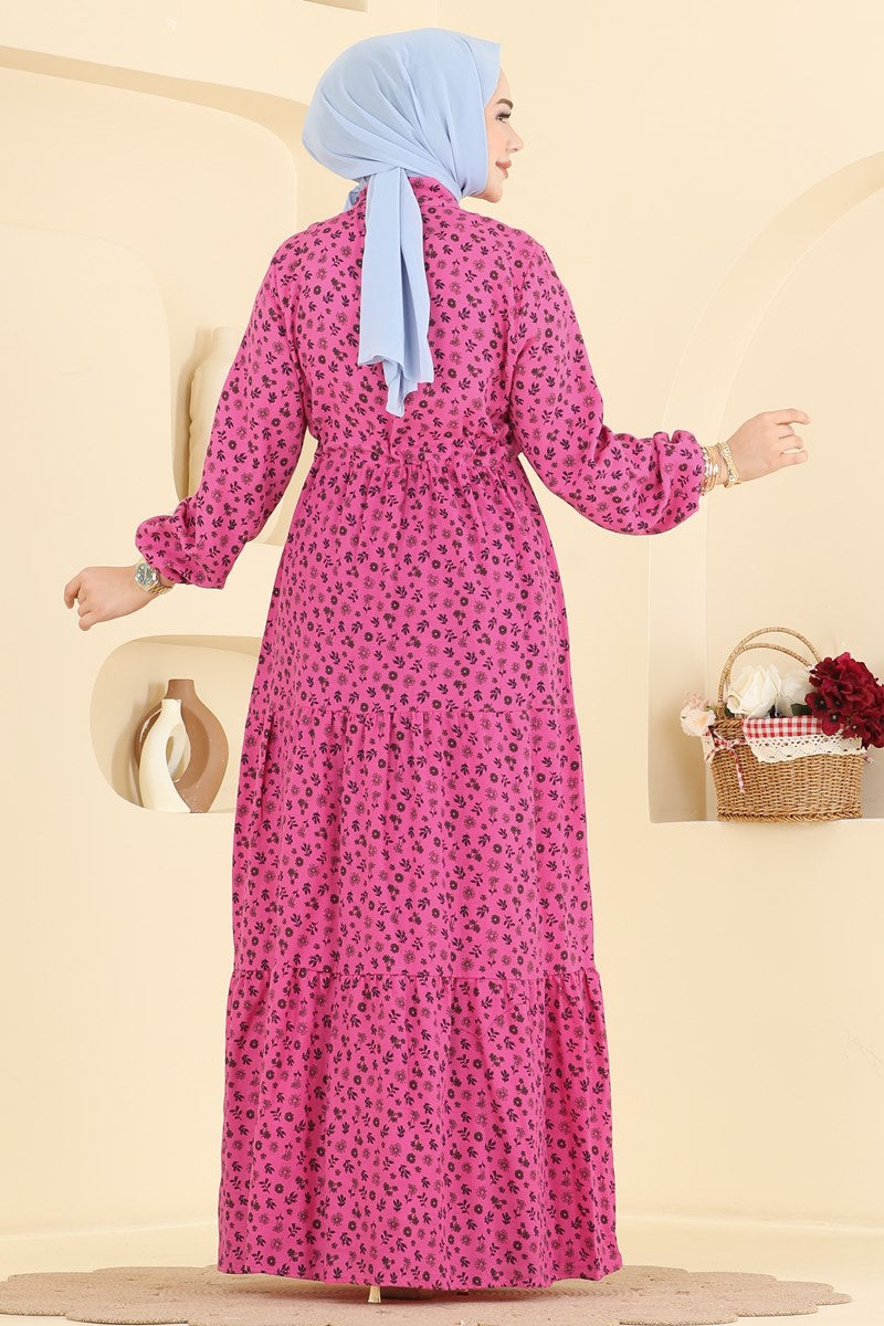 Floral Linen Dress with Elastic Cuffs - Pink