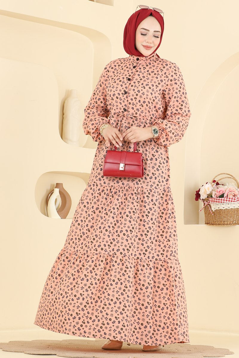 Floral Linen Dress with Elastic Cuffs - Salmon