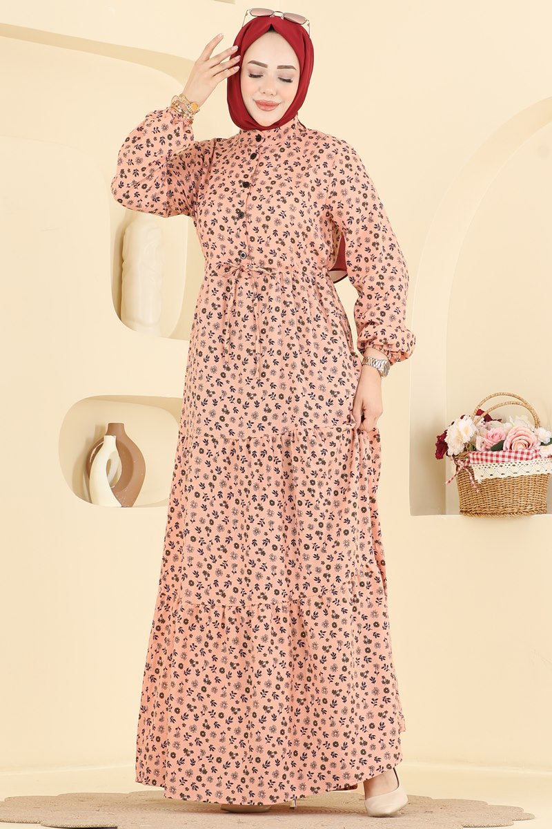 Floral Linen Dress with Elastic Cuffs - Salmon
