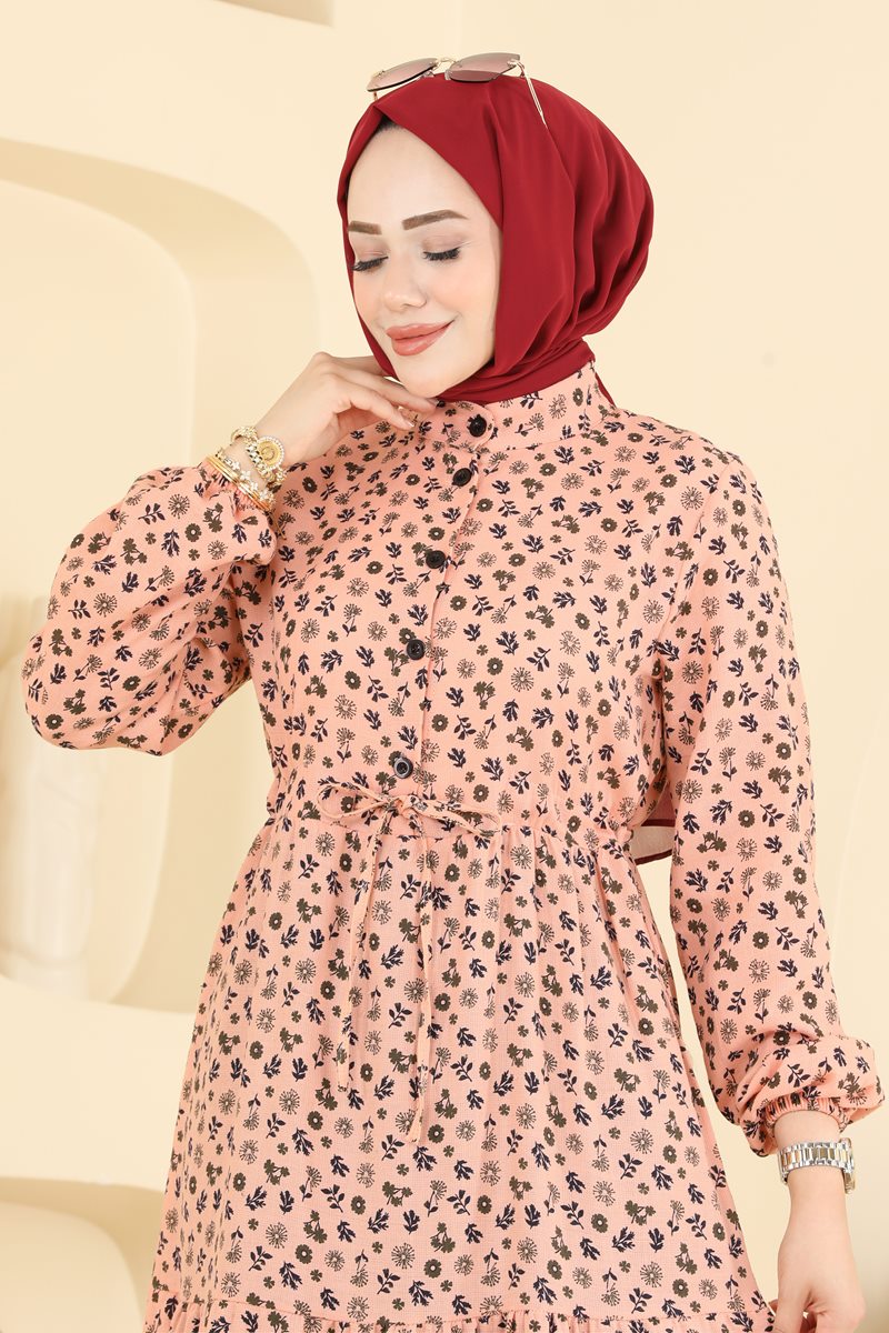 Floral Linen Dress with Elastic Cuffs - Salmon