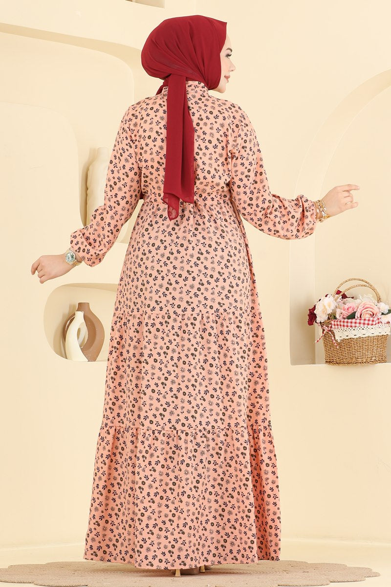 Floral Linen Dress with Elastic Cuffs - Salmon