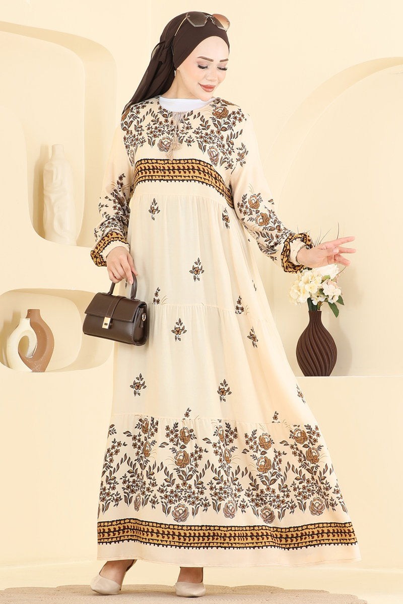 Floral Woven Dress with Elastic Cuffs - Stone