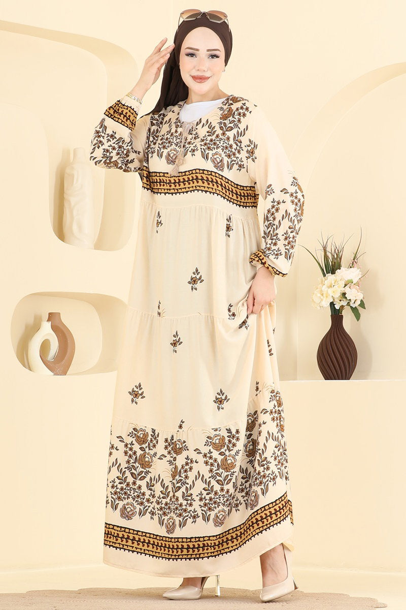 Floral Woven Dress with Elastic Cuffs - Stone