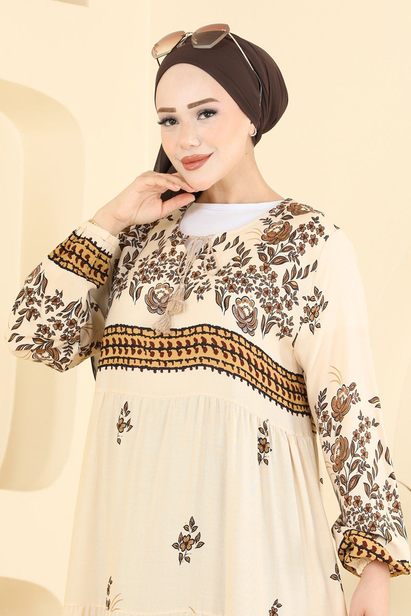 Floral Woven Dress with Elastic Cuffs - Stone