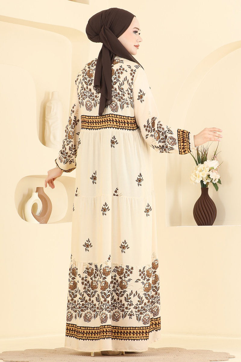 Floral Woven Dress with Elastic Cuffs - Stone