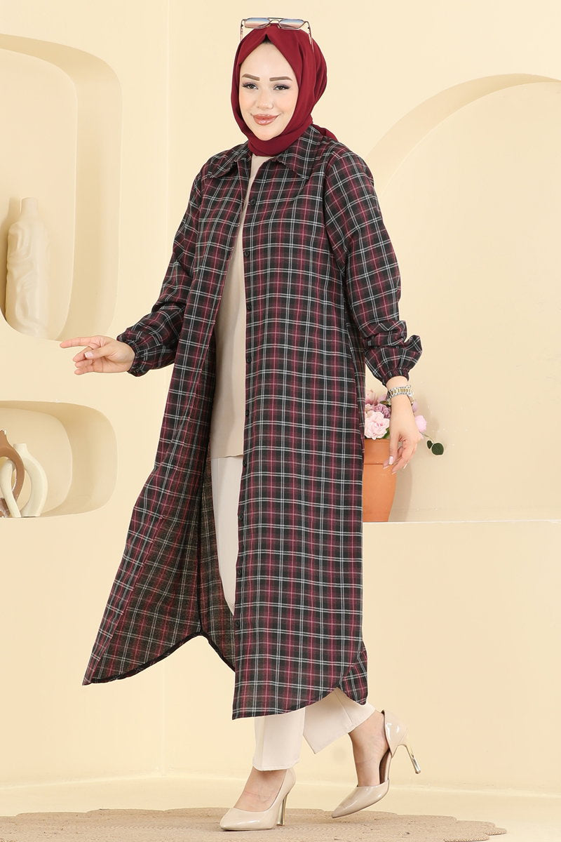 Striped Tunic with Elastic Cuffs - Burgundy-Black