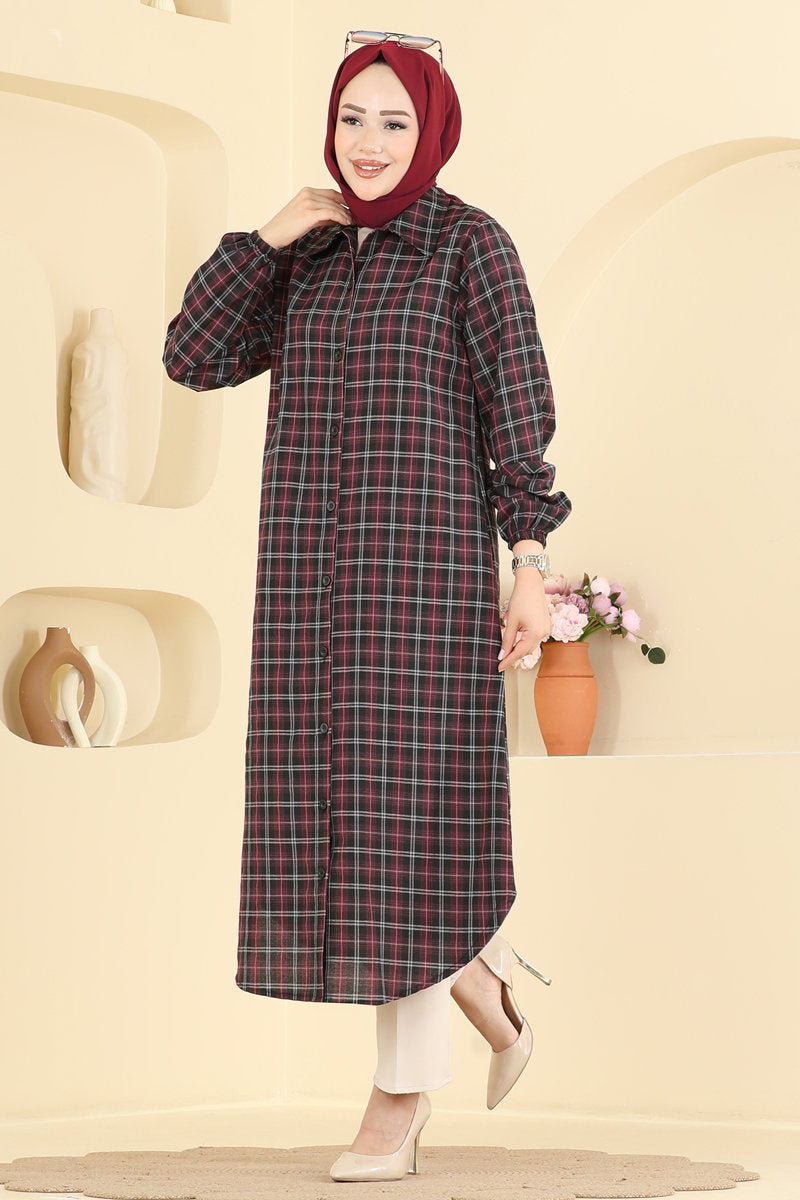 Striped Tunic with Elastic Cuffs - Burgundy-Black