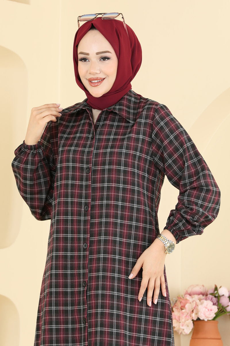 Striped Tunic with Elastic Cuffs - Burgundy-Black