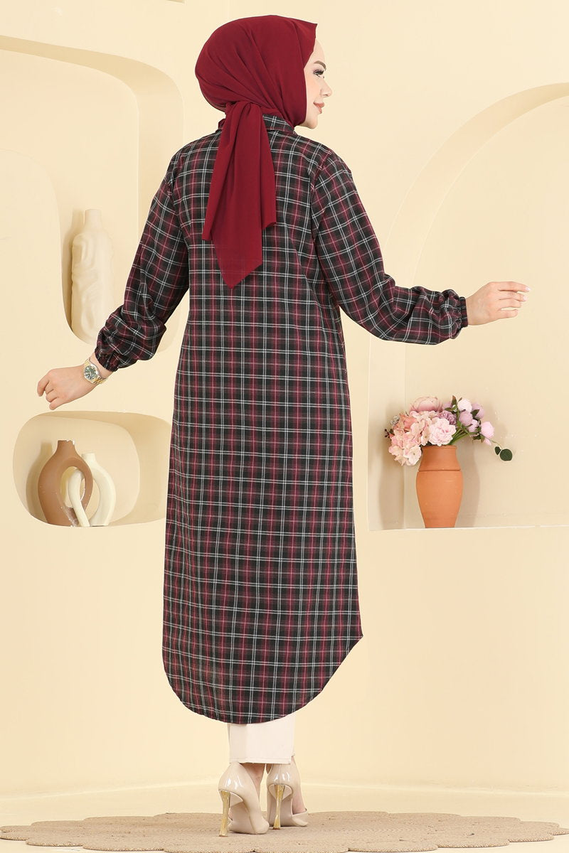Striped Tunic with Elastic Cuffs - Burgundy-Black