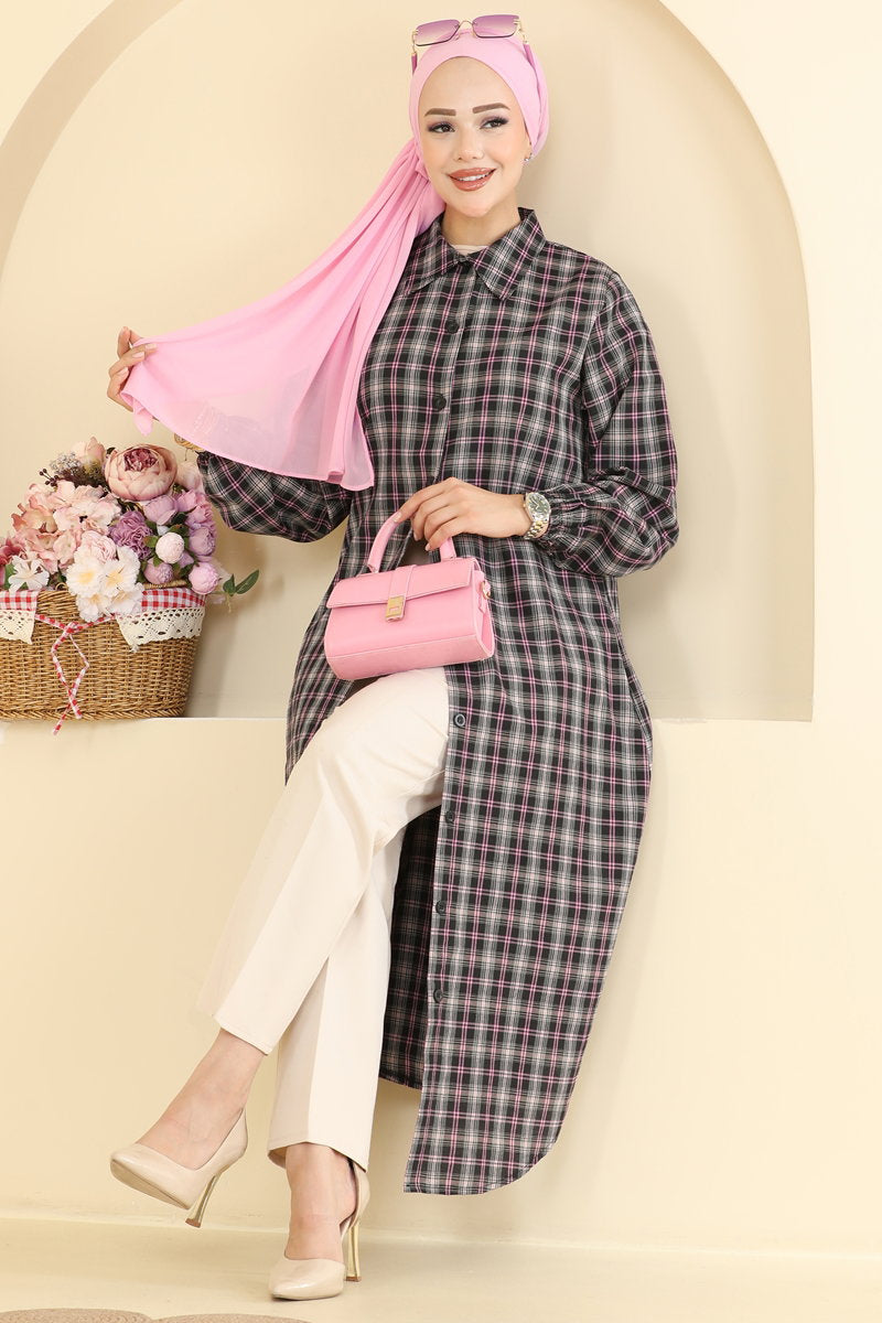 Striped Tunic with Elastic Cuffs - Pink-Black