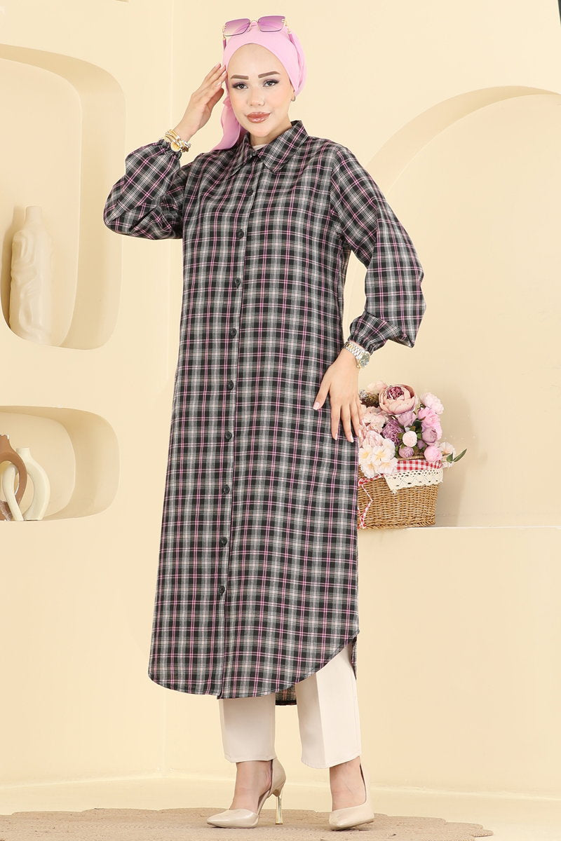 Striped Tunic with Elastic Cuffs - Pink-Black