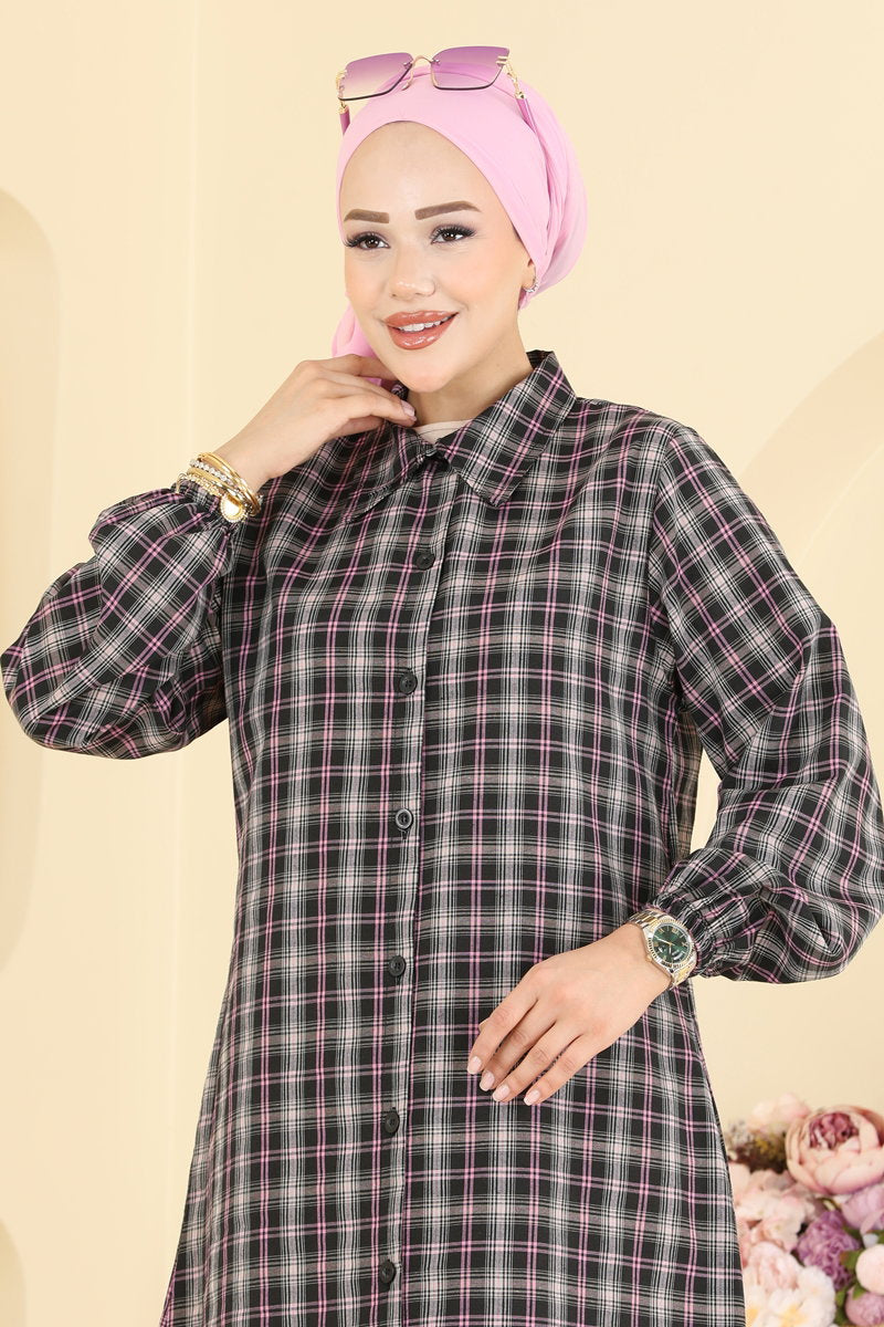 Striped Tunic with Elastic Cuffs - Pink-Black