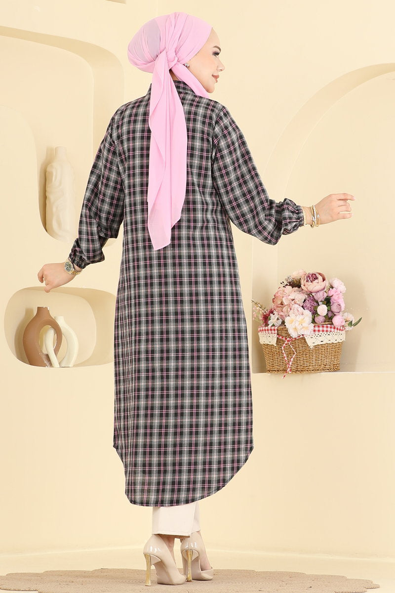 Striped Tunic with Elastic Cuffs - Pink-Black