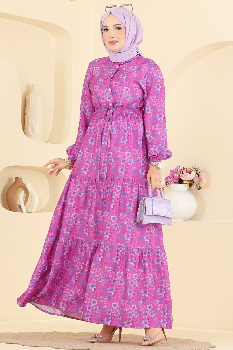 Printed Viscose Dress with Elastic Cuffs - Fuchsia