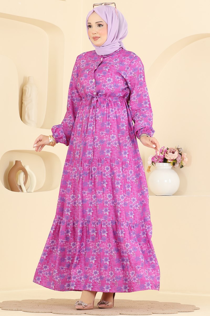 Printed Viscose Dress with Elastic Cuffs - Fuchsia
