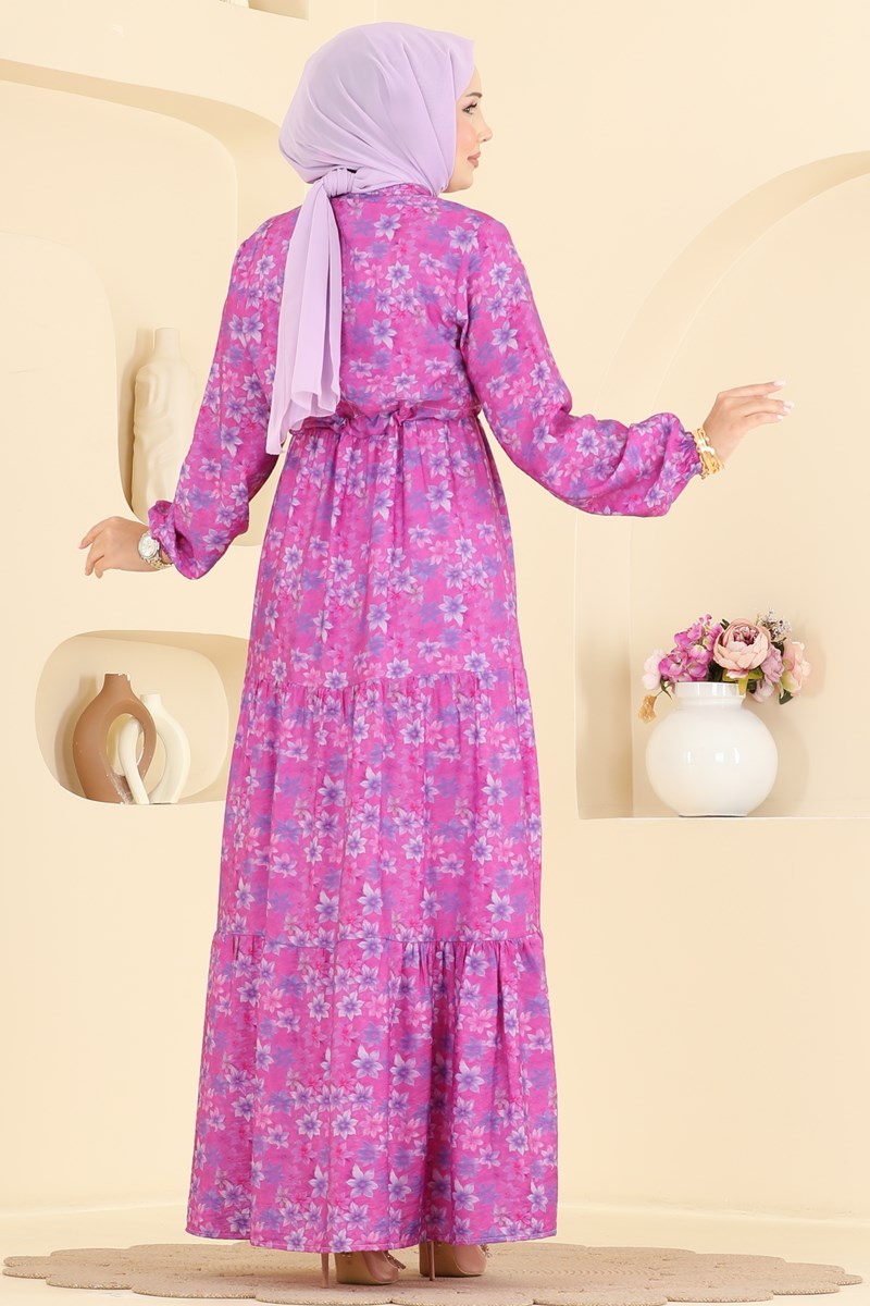 Printed Viscose Dress with Elastic Cuffs - Fuchsia