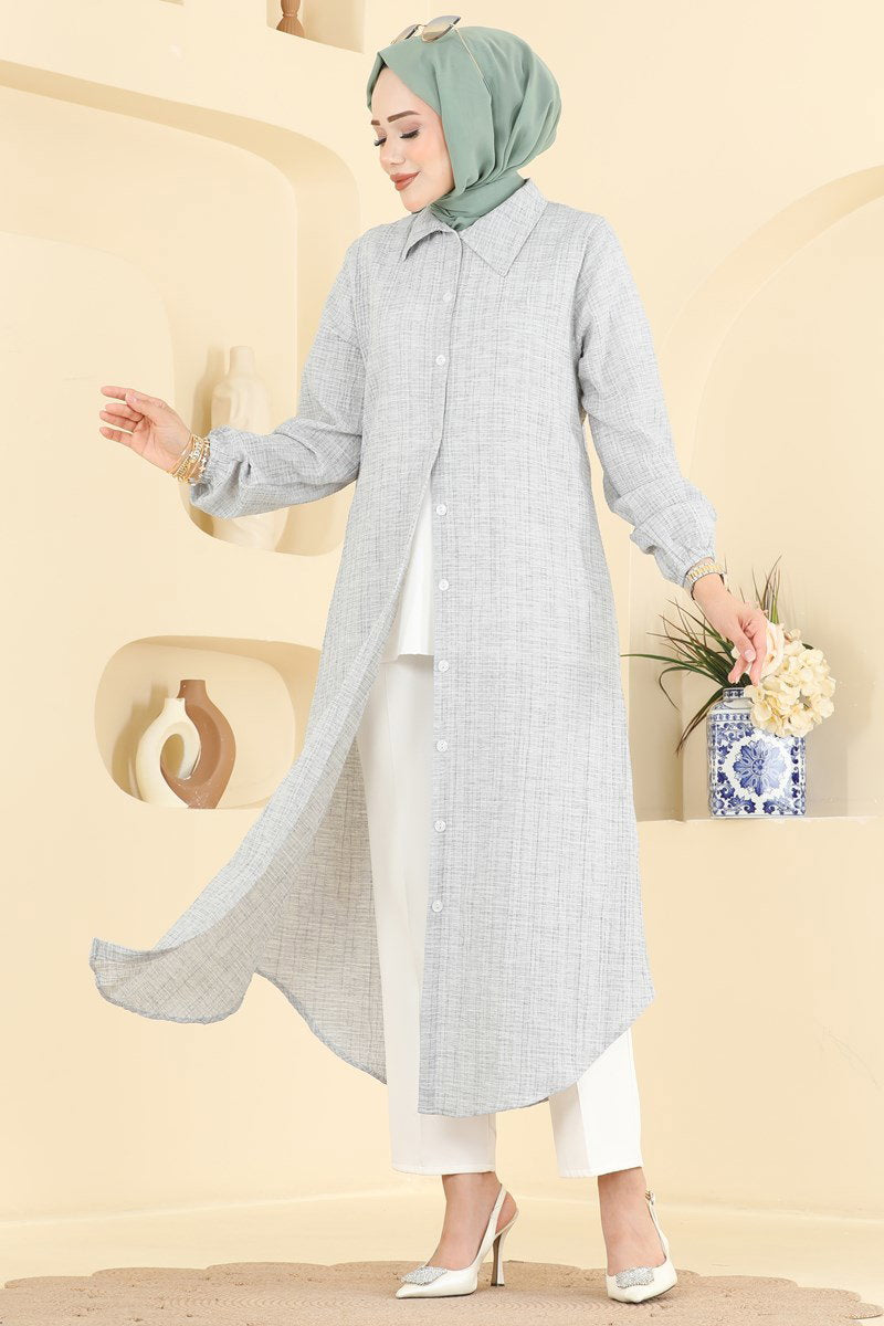 Waffle Button Tunic with Elastic Cuffs - Light Grey