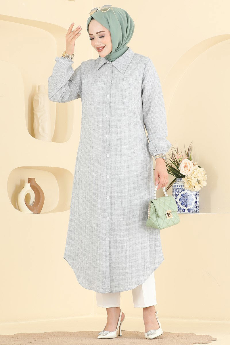 Waffle Button Tunic with Elastic Cuffs - Light Grey
