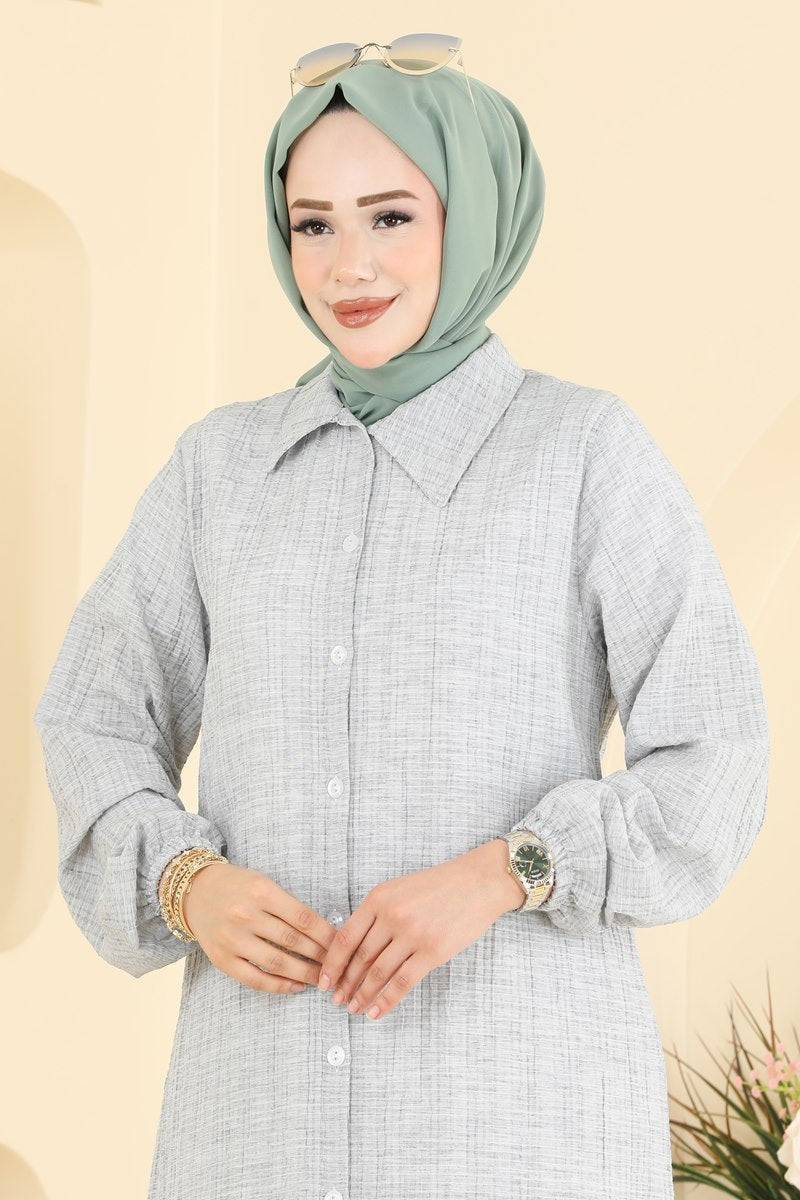 Waffle Button Tunic with Elastic Cuffs - Light Grey