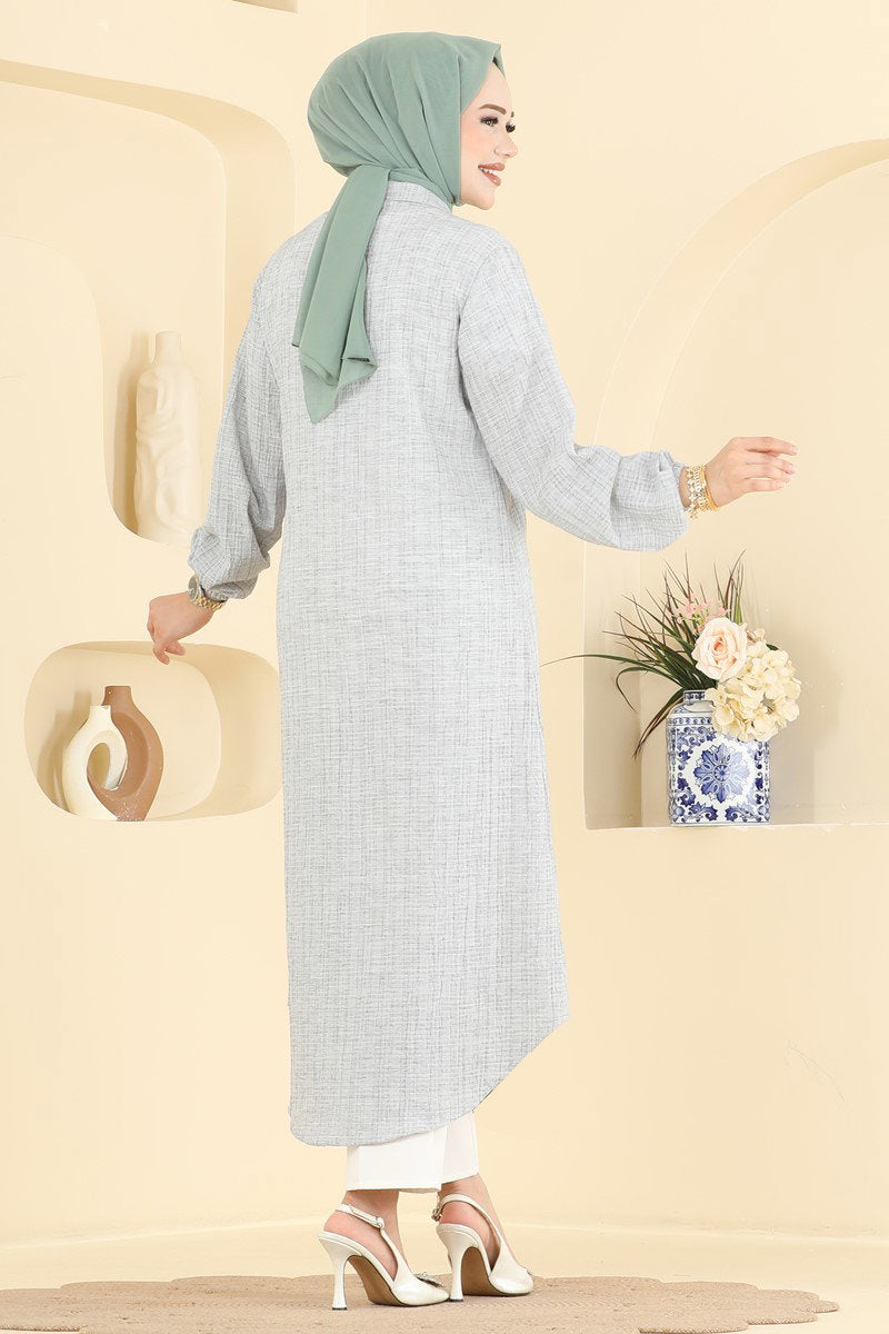 Waffle Button Tunic with Elastic Cuffs - Light Grey