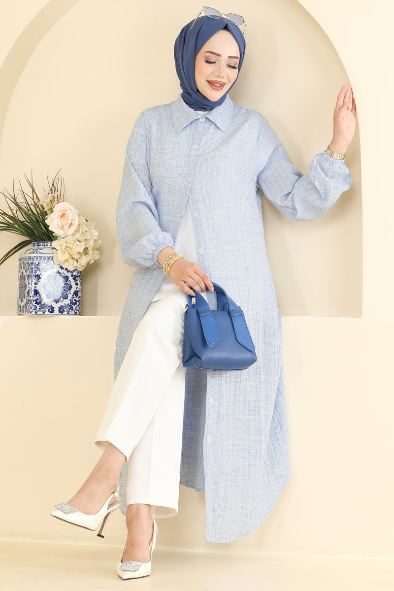 Waffle Button Tunic with Elastic Cuffs - Light Blue