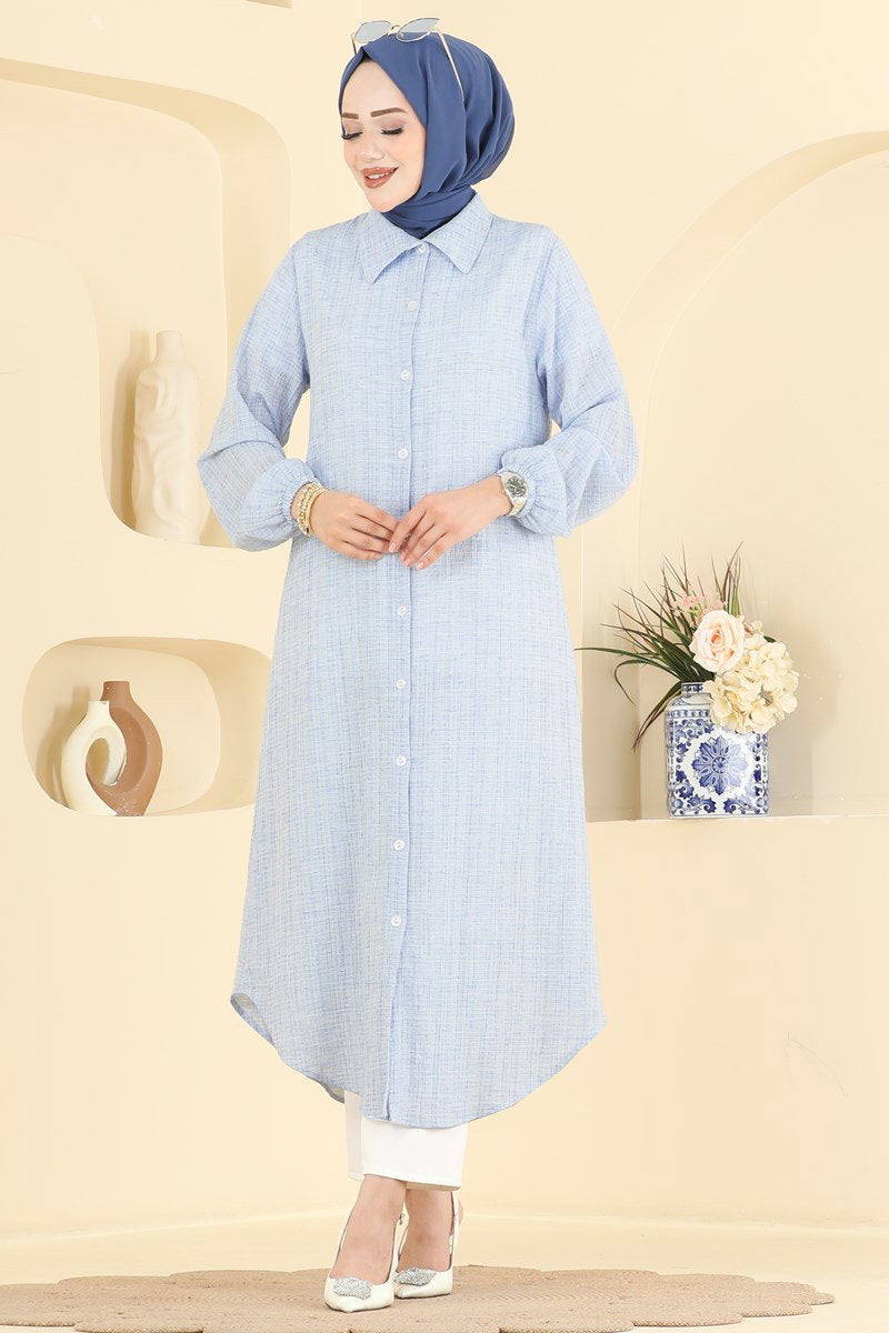 Waffle Button Tunic with Elastic Cuffs - Light Blue