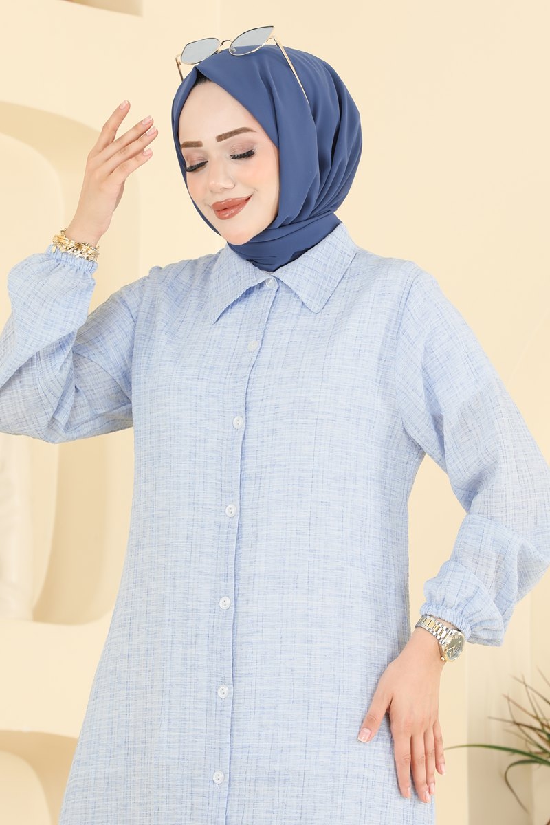 Waffle Button Tunic with Elastic Cuffs - Light Blue